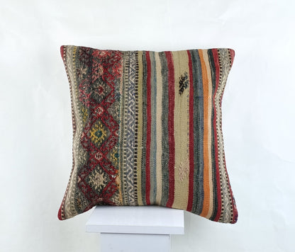 18"x18" Kilim Pillow Cover  Handmade Turkish Vintage Cushion Tribal Lumbar 2638