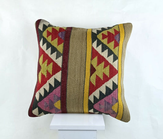 Kilim Pillow Cover 18x18 Handmade Turkish Ethnic Vintage Lumbar Cushion A1412