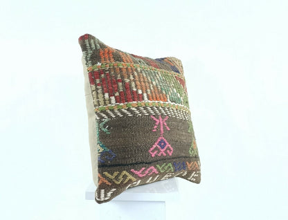 Kilim Pillow Cover 16x16 Turkish Traditional Handmade Lumbar Cushion Case A418