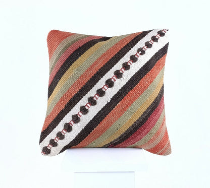 Kilim Pillow Cushion Case 16x16 in Handmade Turkish Traditional Wool Pillow A541