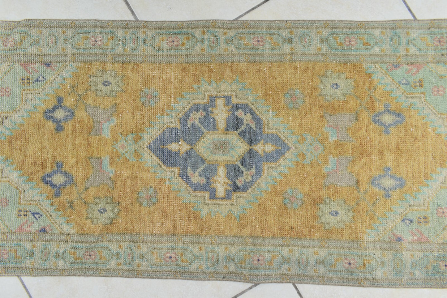 Turkish Runner 3.4x1.5 ft Vintage Small Rug Oushak Runner Anatolian Mini Rug Y73