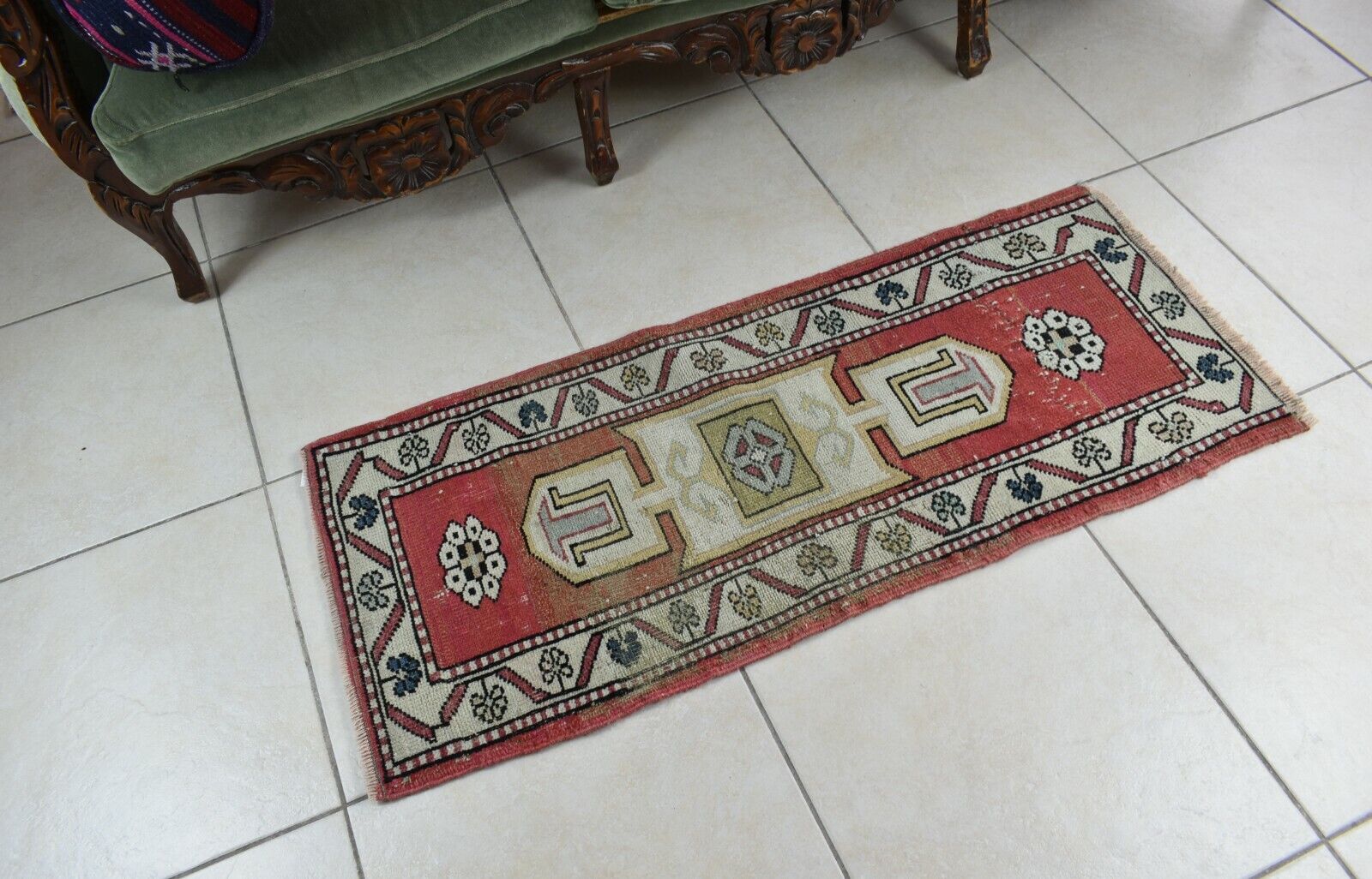 3.6x1.5 ft Anatolian Runner Small Vintage Rug Oushak Runner Mini Turkish Rug Y84