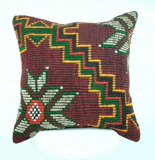 24x24 Large Kilim Pillow Cover Handwoven Anatolian Vintage Lumbar Cushion E636