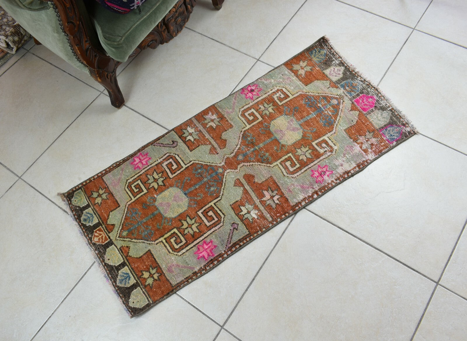 Oushak Runner 3.4x1.6 ft Vintage Turkish Rug Small Runner Anatolian Rug Y47