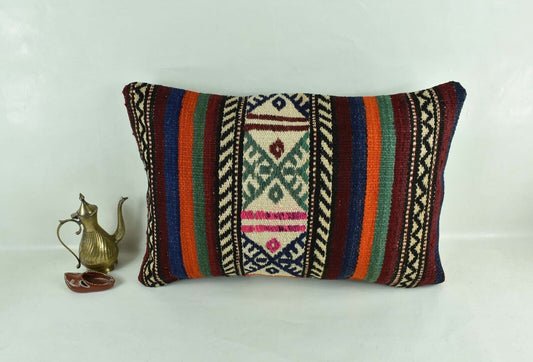 Kilim Pillow Cover 16x24 Tribal Vintage Turkish Carpet Lumbar Pillow Cover 3099