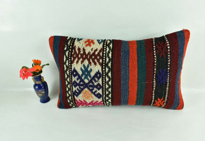 Kilim Pillow Cover 12x20 Turkish Handmade Vintage Couch Lumbar Cushion  A1831