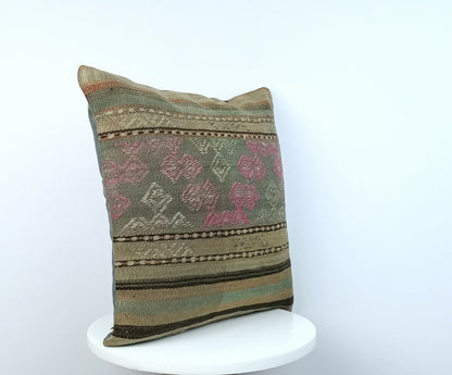 Traditional Kilim Cushion Cover 16x16 Handmade Turkish Tribal Pillow Cover E179