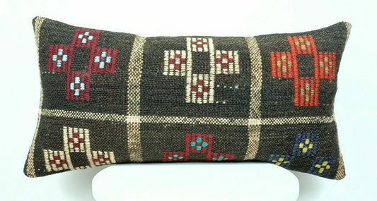 Kilim Pillow Cover 12x24 Handmade Turkish Traditional Wool Lumbar Cushion E397