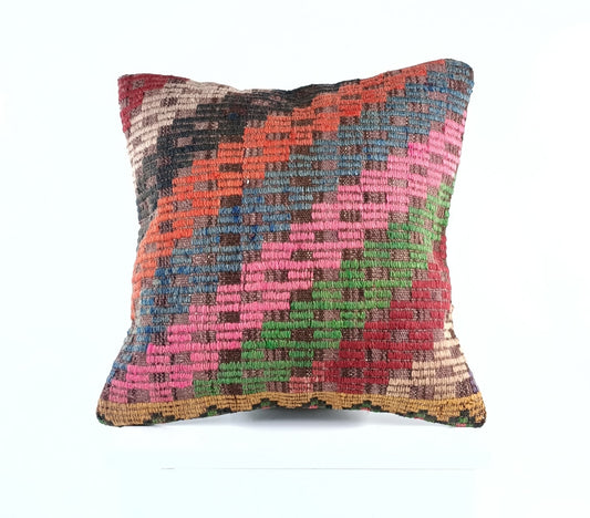 18"x18" Kilim Pillow Cover  Handmade Turkish Vintage Cushion Tribal Lumbar E1386