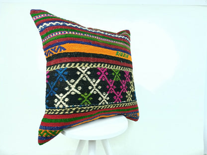 Kilim Pillow Cover 24x24 Traditional Turkish Handmade Wool Lumbar Cushion E652