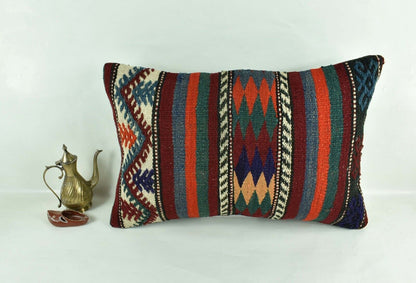 Kilim Pillow Cover 16x24 Tribal Vintage Turkish Carpet Lumbar Pillow Cover 3068