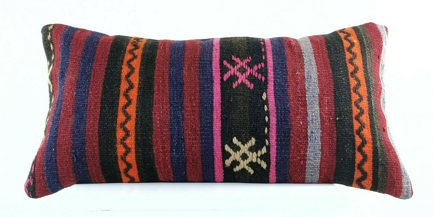 Kilim Lumbar Pillow Cover 12"x24" Handmade Oushak Traditional Ethnic Boho E912