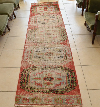 Distressed Oushak Rug 2.6x10.9 ft Handwoven Traditional Long Vintage Runner C38