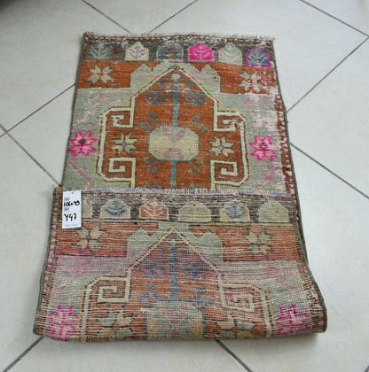 Oushak Runner 3.4x1.6 ft Vintage Turkish Rug Small Runner Anatolian Rug Y47