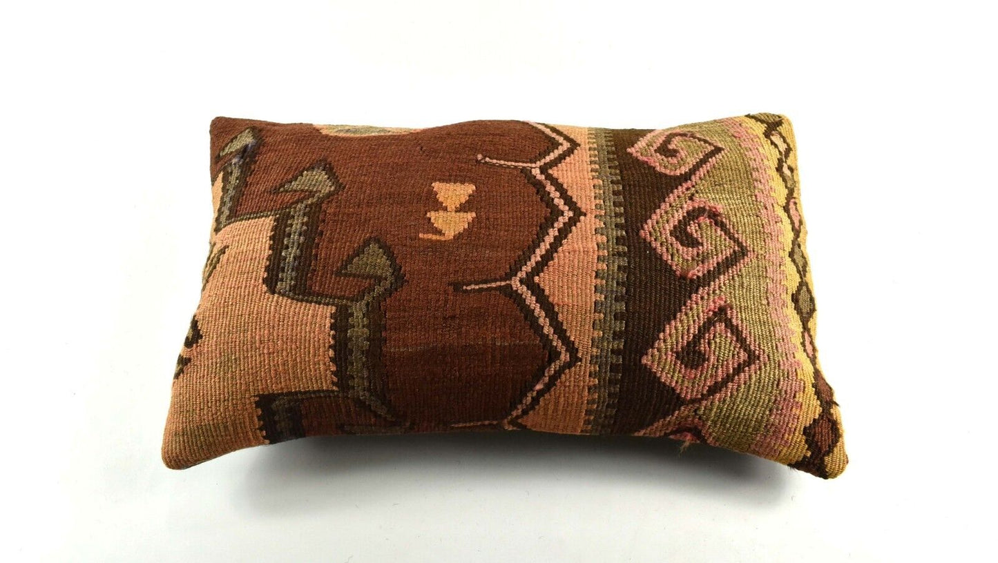 Kilim Pillow Cover 12x20 Handmade Turkish Rug Boho Ethnic Lumbar Cushion 3798