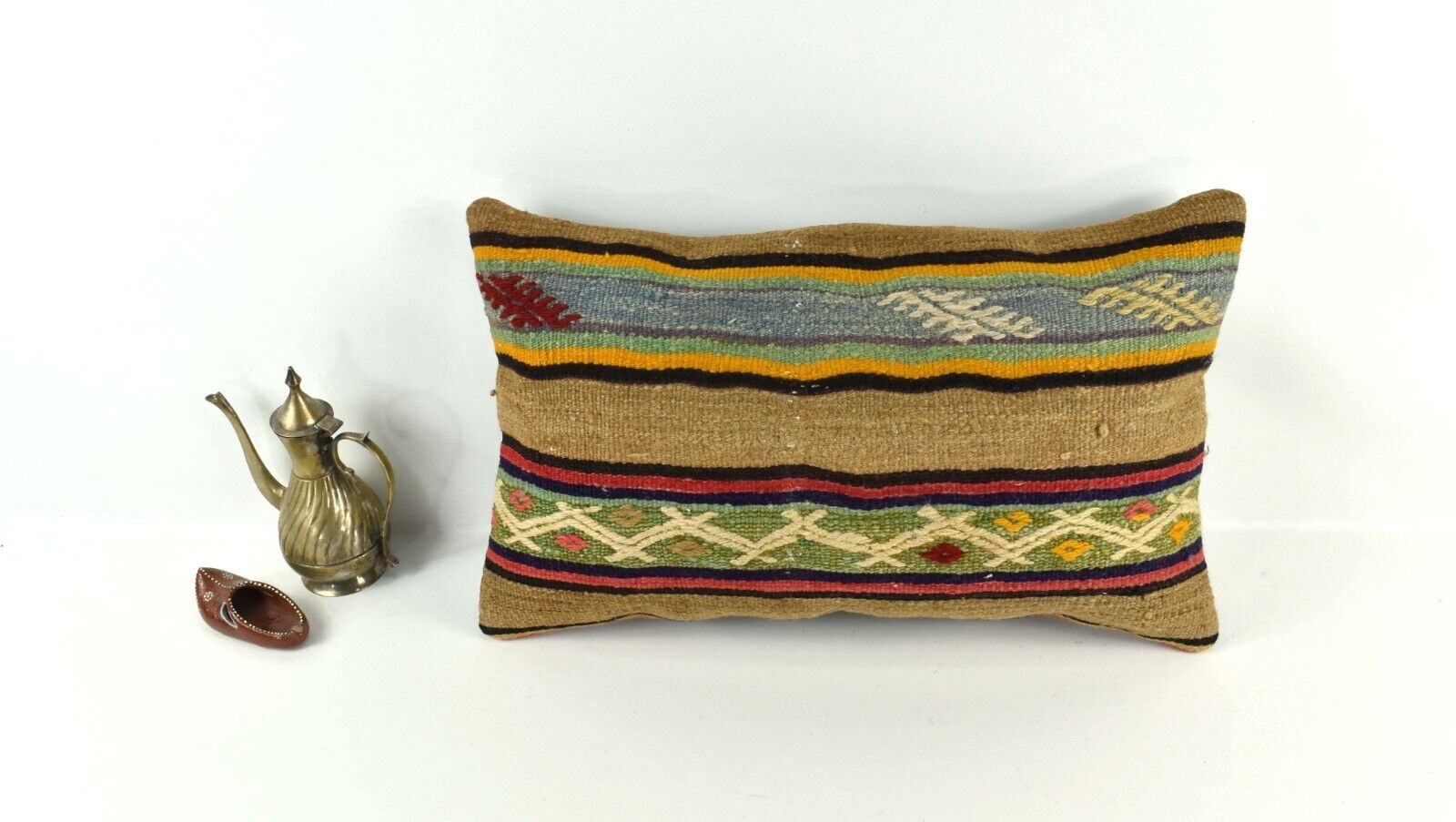 Kilim Pillow Cover 12x20 Handmade Turkish Rug Boho Ethnic Lumbar Cushion 3802