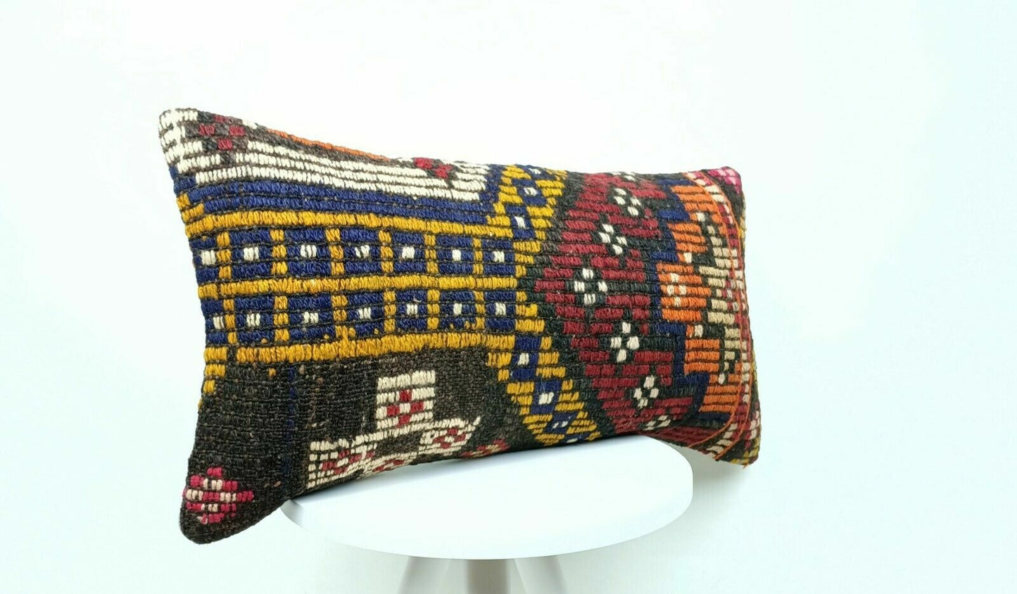 Turkish Kilim Pillow Cover 12x24 Sofa Ethnic Bohemian Lumbar Cushion  E414-1