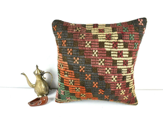 16x16 Kilim Pillow Cover Decorative Vintage Handknotten Bohemian Cushion A1684