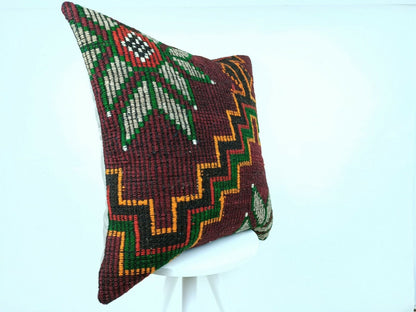 Kilim Pillow Cover 24x24 Traditional Turkish Handmade Wool Lumbar Cushion E665