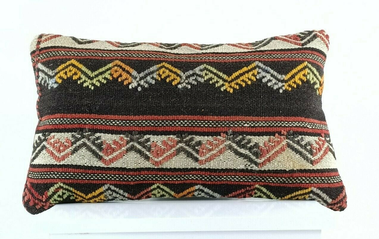 Kilim Pillow Cover 12x20 Handmade Turkish Rug Boho Ethnic Lumbar Cushion E1068