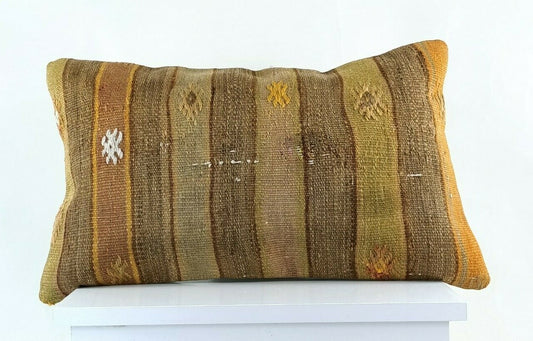 Kilim Pillow Cover 12x20 Handmade Turkish Rug Boho Ethnic Lumbar Cushion E1067