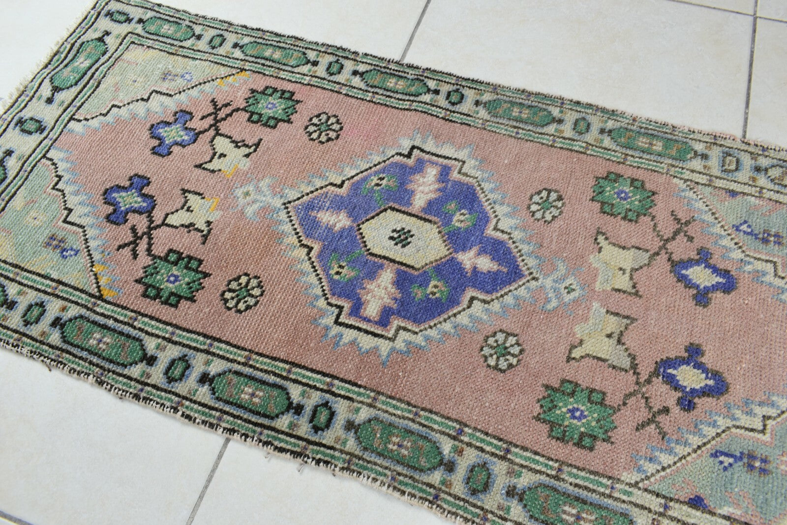 Turkish Runner 3.6x1.6 ft Vintage Small Rug Oushak Runner Anatolian Mini Rug Y68