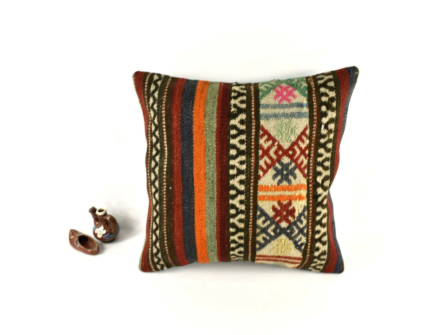 18x18 Kilim Pillow Cover Handknotten Vintage Pillow Oushak Kilim Pillow  A2855