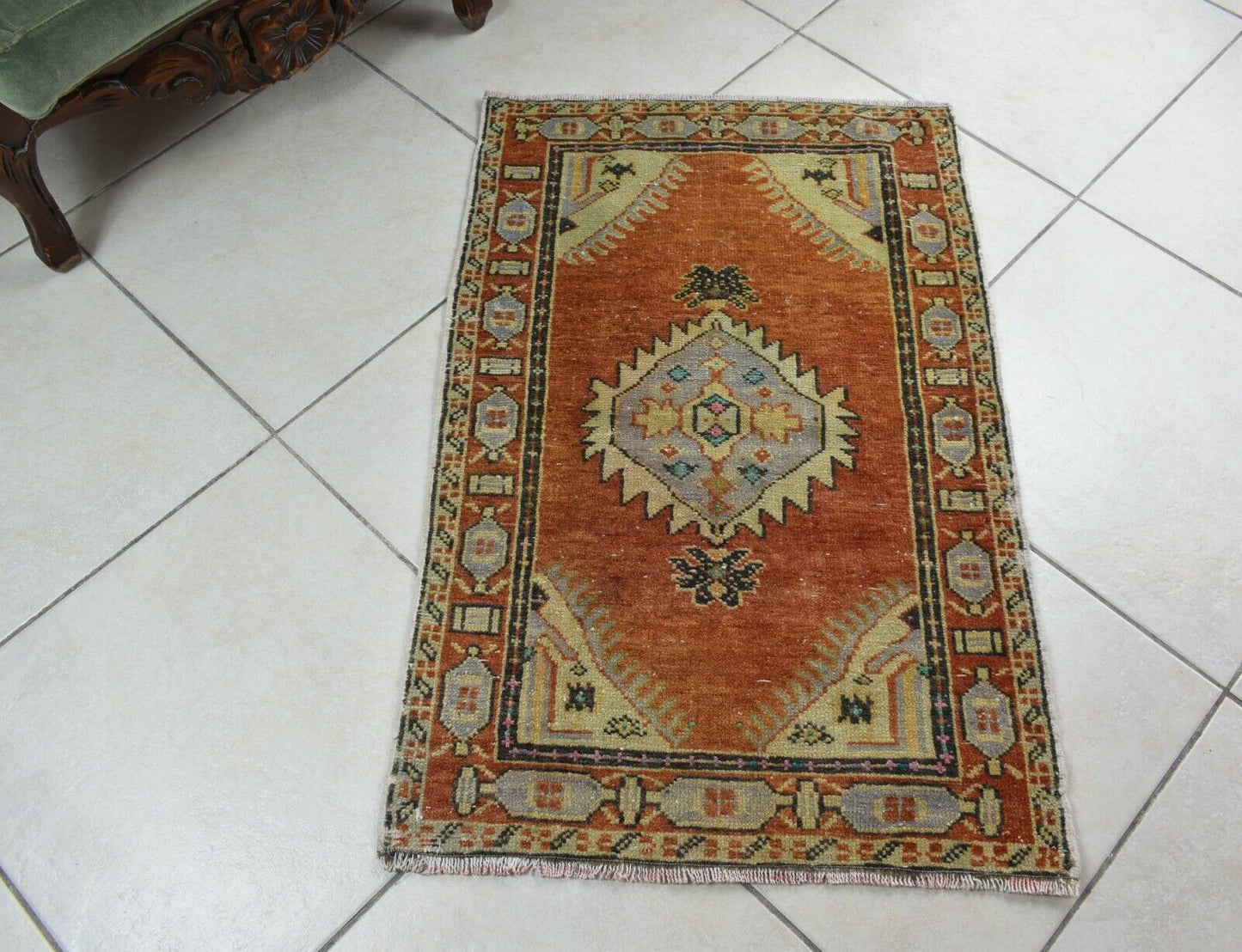 Turkish Runner 2.9x1.9 ft Vintage Small Rug Oushak Runner Anatolian Mini Rug Y74