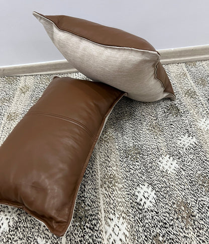 Genuine Leather Fabric Double Sided Pillow Cover Black Brown Lumbar Cushion Case