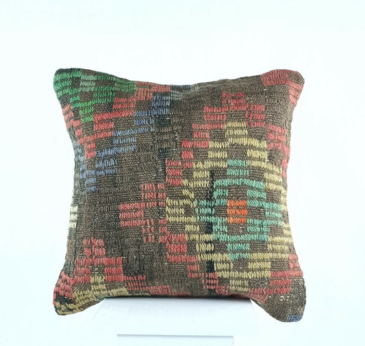 16x16 Kilim Pillow Cover Handmade Oushak Carpet Rug Wool Lumbar Cushion A446