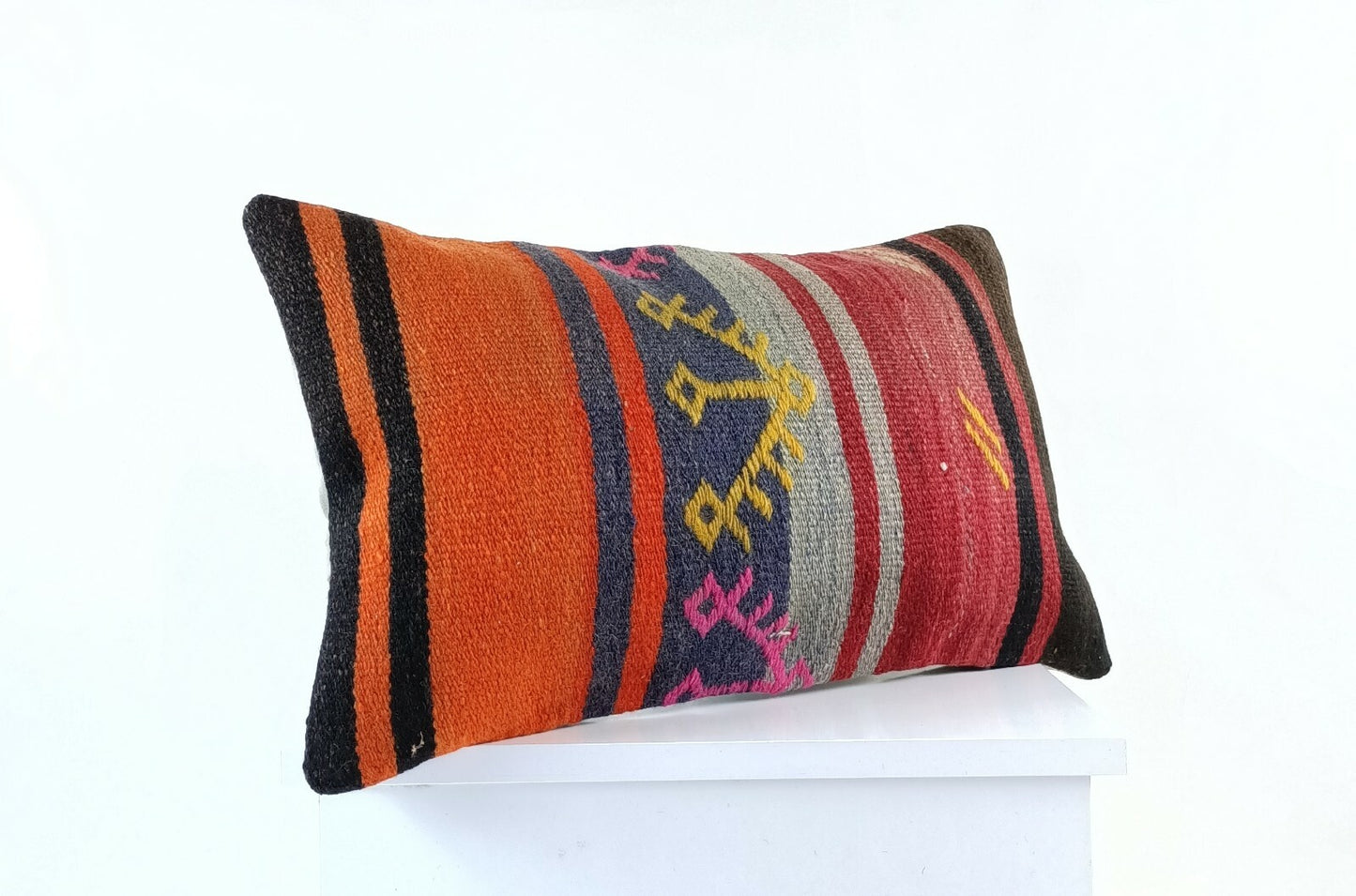 Kilim Pillow Cover 12x20 Handmade Turkish Rug Boho Ethnic Lumbar Cushion E1069