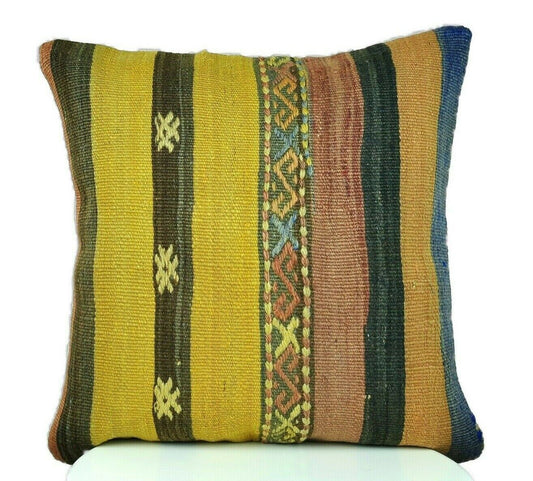 Kilim Cushion Case 16x16 Vintage Tribal Decorative Turkish  Pillow Cover E209