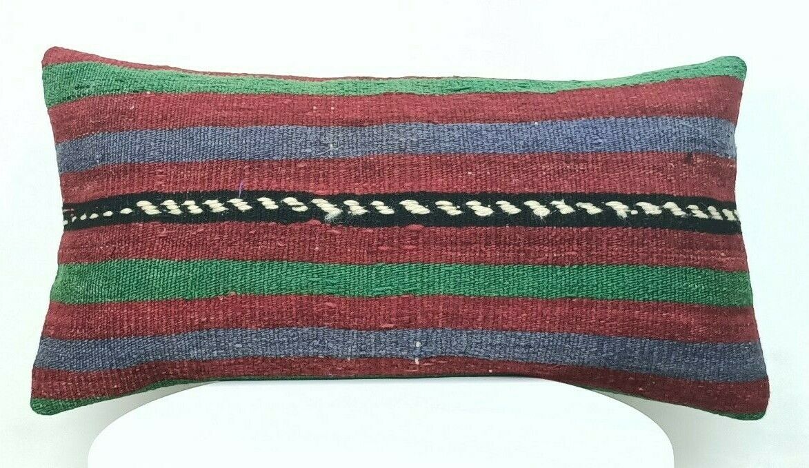 Kilim Pillow Cover 10x20 Handmade Vintage Oushak Rug Ottoman Lumbar Cushion E426