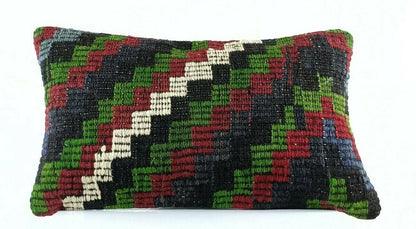 Kilim Pillow Cover 12x20 Handmade Turkish Rug Boho Ethnic Lumbar Cushion E1095