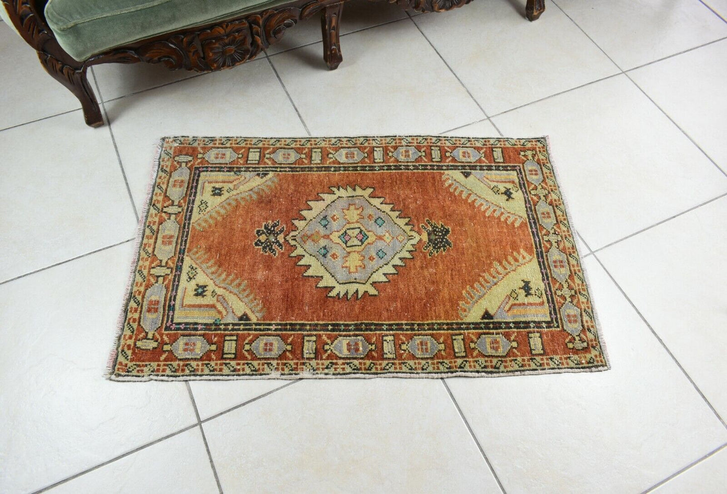 Turkish Runner 2.9x1.9 ft Vintage Small Rug Oushak Runner Anatolian Mini Rug Y74