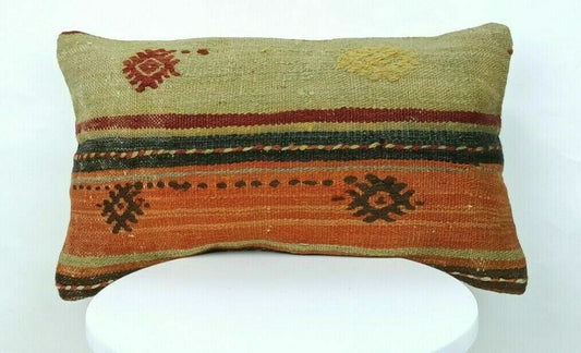 Kilim Pillow Cover 12x20 Oriental Bohemian Ethnic Handmade Lumbar Cushion  E557