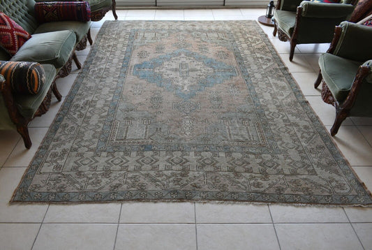 Large Oushak Rug 10x6.8 ft Vintage Rug Faded Turkish Rug Living Room Carpet