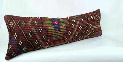 Kilim Pillow Cover 12x36 Handknotted Turkish Tribal Ethnic Lumbar Cushion E692