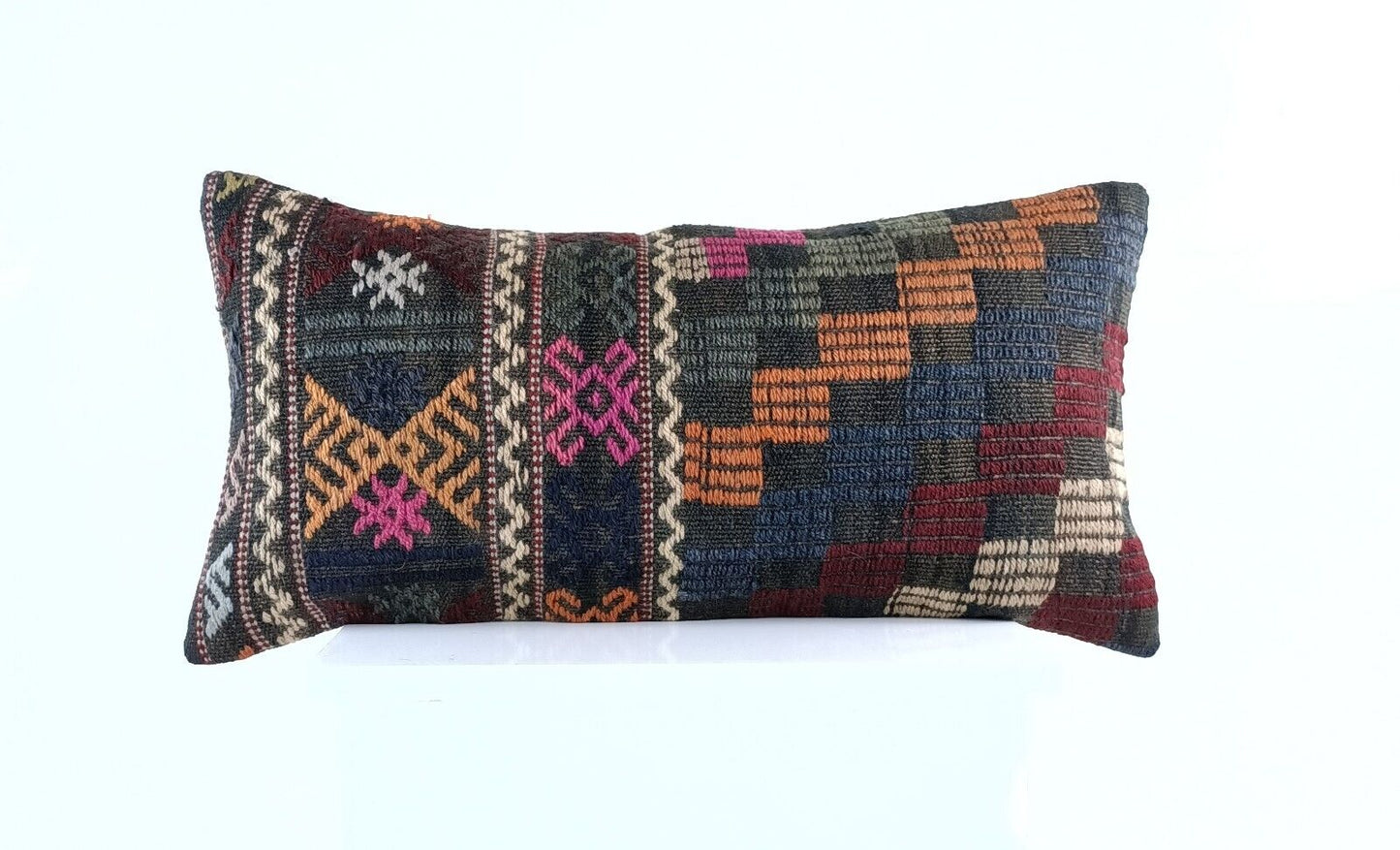 Handmade Turkish Kilim Pillow Cover 12x24 Ethnic Boho Sofa Lumbar Cushion E1010