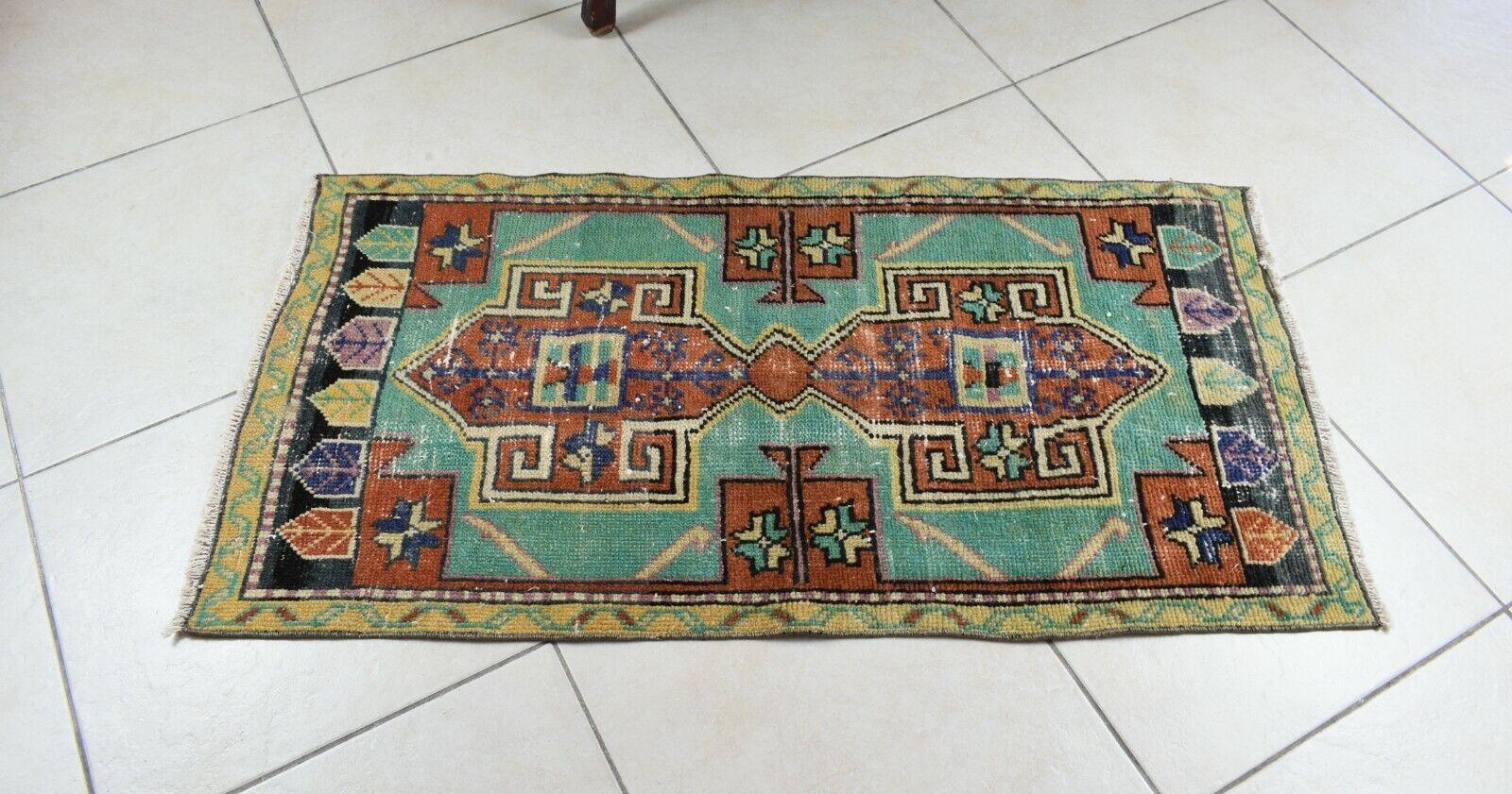 Oushak Runner 3.8x1.9 ft Vintage Turkish Rug Small Runner Anatolian Rug Y58