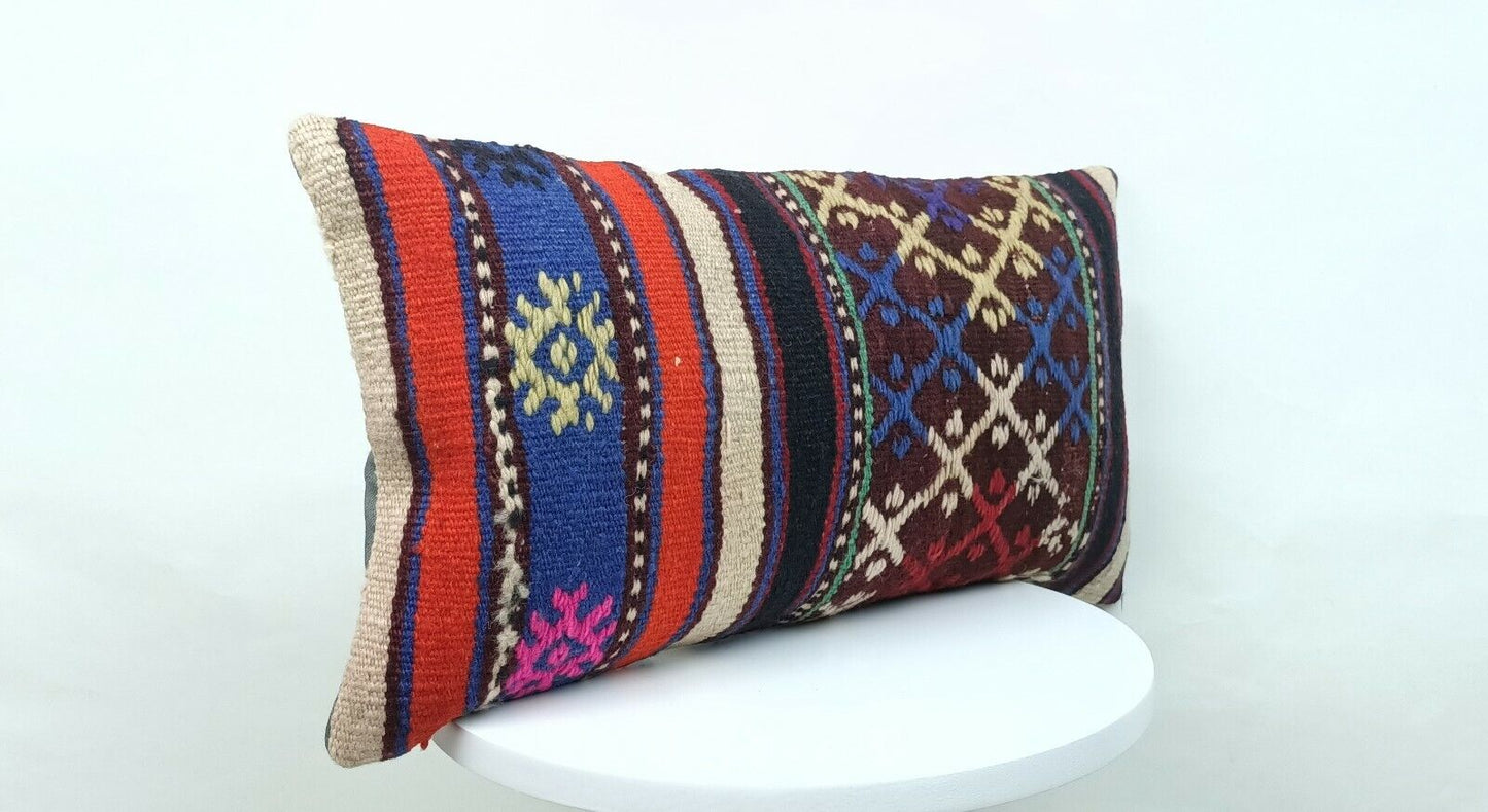 Kilim Pillow Cover 10x20 Handmade Vintage Oushak Rug Ottoman Lumbar Cushion E431