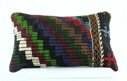 Kilim Pillow Cover 12x20 Handmade Turkish Rug Boho Ethnic Lumbar Cushion E1098
