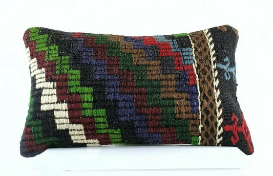 Kilim Pillow Cover 12x20 Handmade Turkish Rug Boho Ethnic Lumbar Cushion E1098