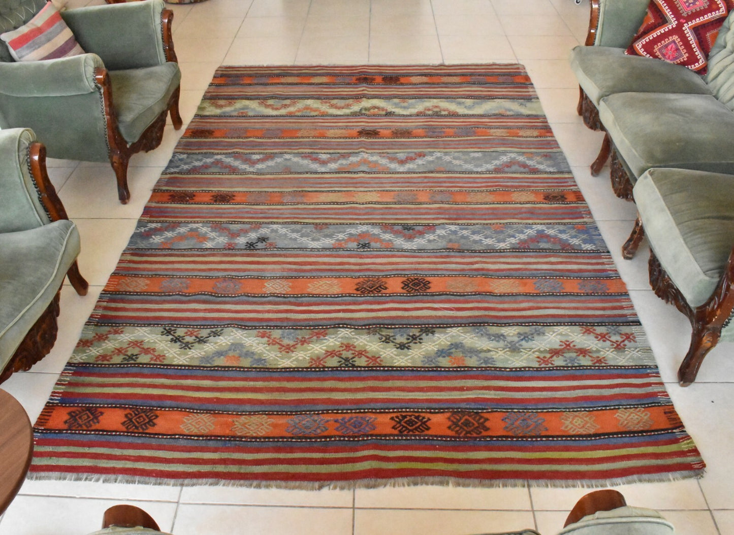 Handmade Kilim  5.7 x 9.1 ft  Vintage Traditional Striped Orange Area Rug C24