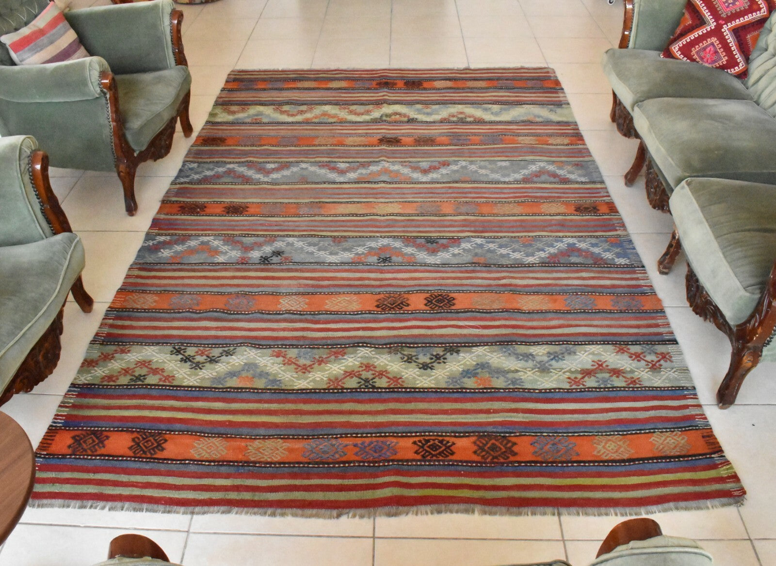 Handmade Kilim  5.7 x 9.1 ft  Vintage Traditional Striped Orange Area Rug C24