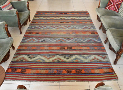 Handmade Kilim  5.7 x 9.1 ft  Vintage Traditional Striped Orange Area Rug C24