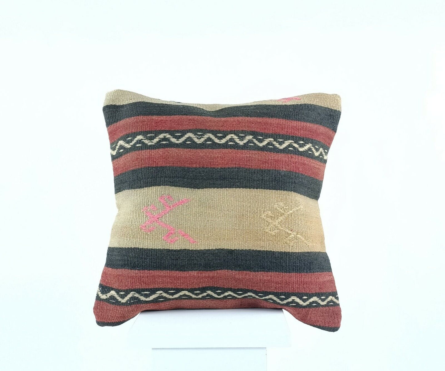 Turkish Kilim Pillow Cover 16x16 Home Decorative Tribal Wool Lumbar Cushion A426