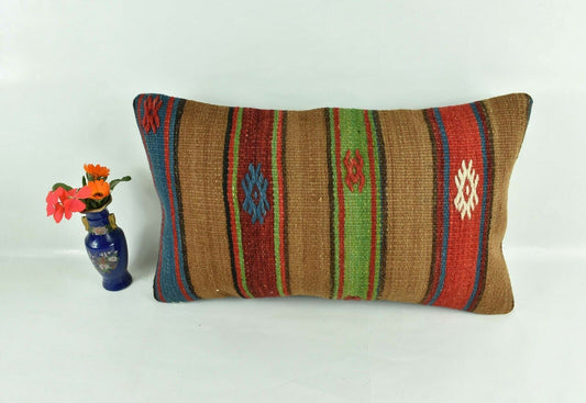 Kilim Pillow Cover 12x20 Turkish Handmade Vintage Couch Lumbar Cushion  A1812