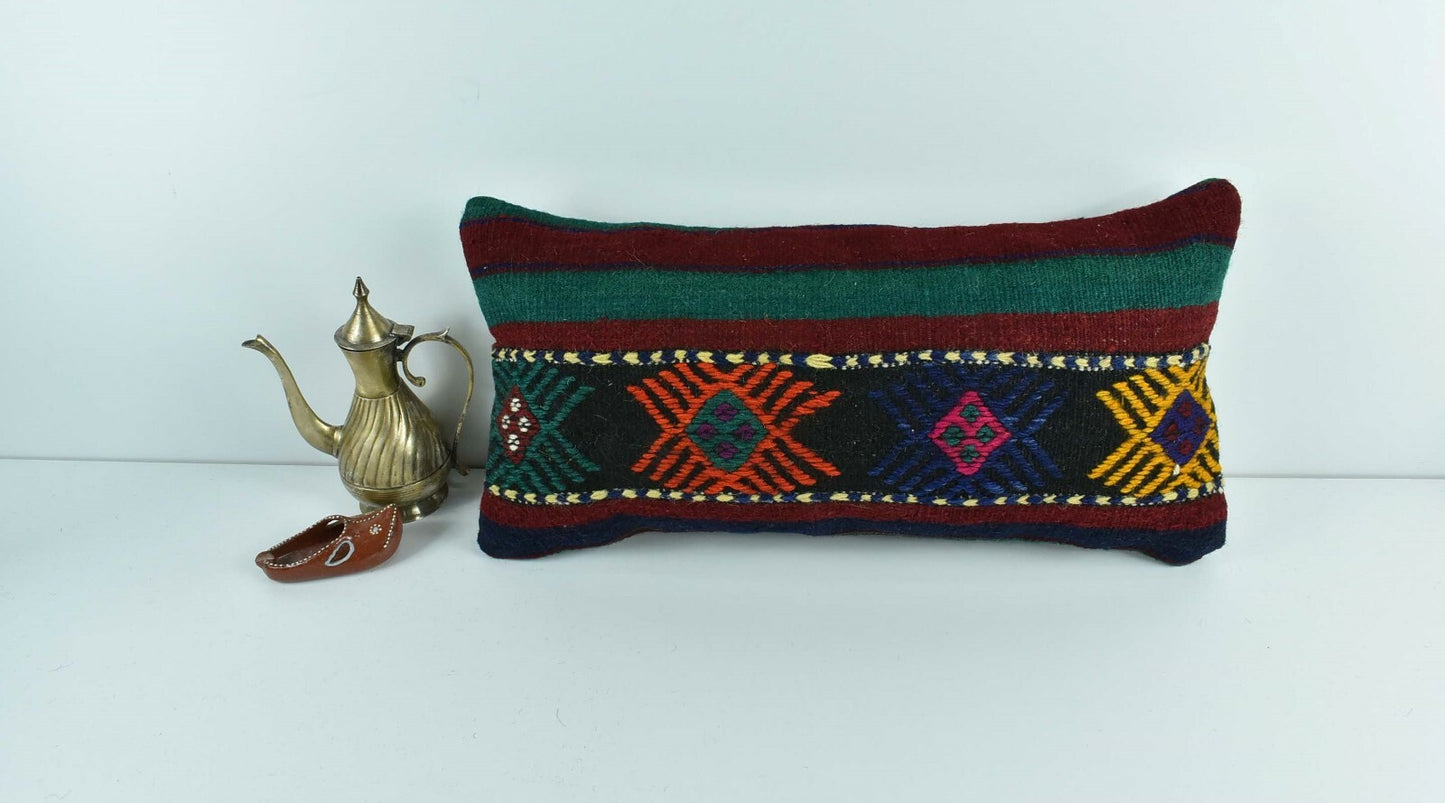Kilim Lumbar Pillow Cover 10x20 Decorative Sofa Couch Handmade Cushion A1775