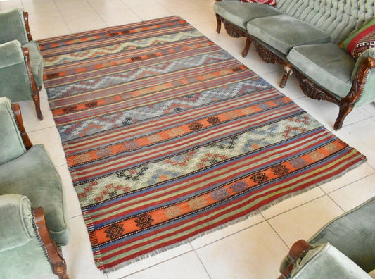 Handmade Kilim  5.7 x 9.1 ft  Vintage Traditional Striped Orange Area Rug C24